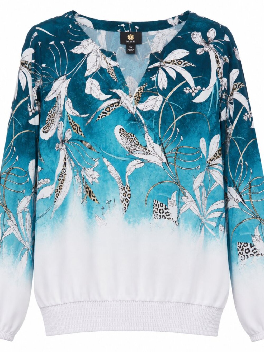 JM COLLECTION Teal Floral Animal Print Ombre Long XXL Sleeve Blouse